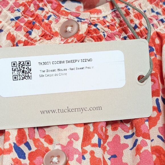 Tucker NYC Classic Blouse Red Sweet Pea in Crepe de Chine Silk Top Long Sleeves - Picture 4 of 8